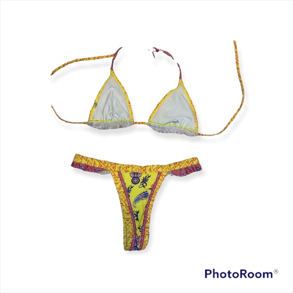 Yellow Print Strappy Thong Bikini Set - Picture 2 of 6